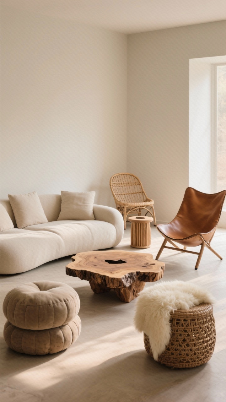 Medium shot of low, loungey seating with organic shapes: a neutral, low-profile sofa with soft cushions, a rattan lounge chair at an angle, and a caramel leather sling chair; floor moments include stacked poufs and a cream sheepskin draped over a woven stool; central organic coffee table made from live-edge wood paired with a round drum side table to break straight lines; clear circulation around seating; warm, indirect daylight creating a relaxed, inviting atmosphere.