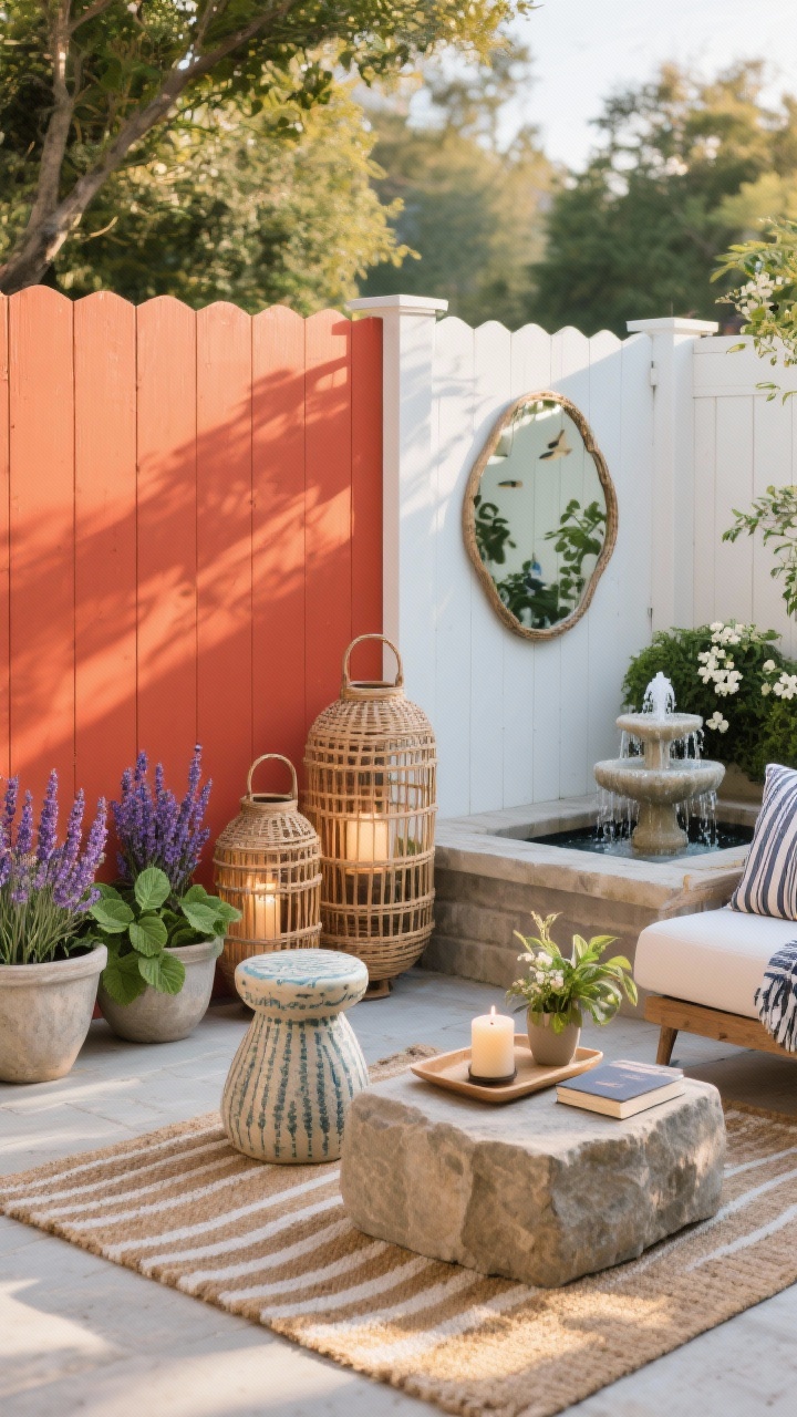 Medium shot of personalized finishing touches: weather-safe outdoor art and a mirror on a fence reflecting light to expand the space, a bold accent color panel painted on one fence section as a focal point, woven lanterns and a ceramic stool next to a stone side table. A small bubbling fountain and planters with lavender, mint, and night-blooming jasmine for scent. Surfaces mostly clear with a simple tray holding a candle, a plant, and a book. Motif repetition (subtle stripes on textiles and rug). Golden hour light, straight-on view, photorealistic.