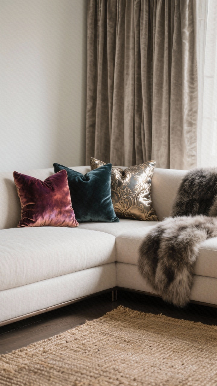Medium shot of textiles: A sofa corner layered with luxe textures—velvet pillows in jewel tones, metallic-thread jacquard pillows, and a small faux fur lumbar; behind, floor-to-ceiling linen curtains with a subtle sheen hung high and wide to elongate the wall. On the floor, a plush rug layered over a natural jute flatweave base in a quiet palette (cream, charcoal, taupe) to ground the room. Soft, tactile lighting that highlights weave, pile, and sheen, photorealistic.