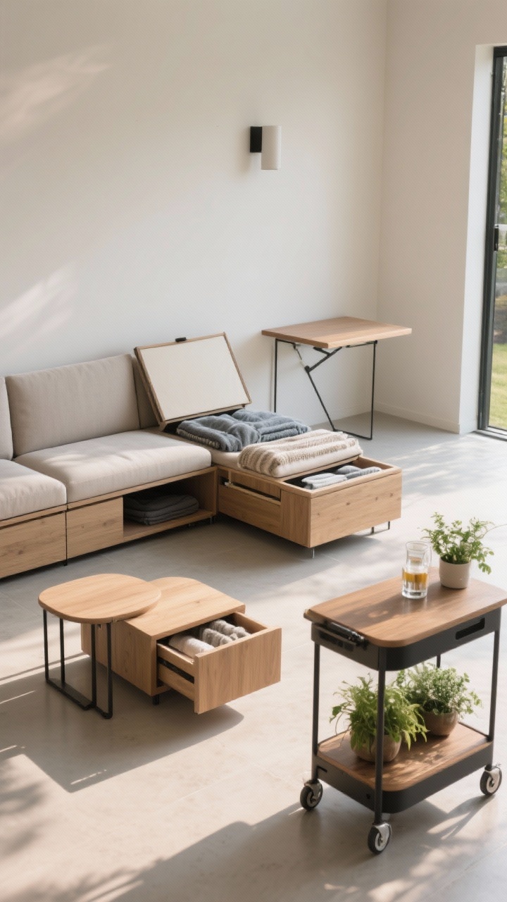 Medium shot showcasing multifunctional furniture: a slim-profile modular compact sectional with low backs in a corner, a storage bench topped with a cushion (lid slightly open revealing folded throws), nesting tables partially pulled out, and a rolling cart styled as an outdoor bar with plants on the lower shelf. Wall-mounted narrow fold-down table in the background. Open sightlines, uncluttered floor, afternoon light, three-quarter angle, photorealistic.
