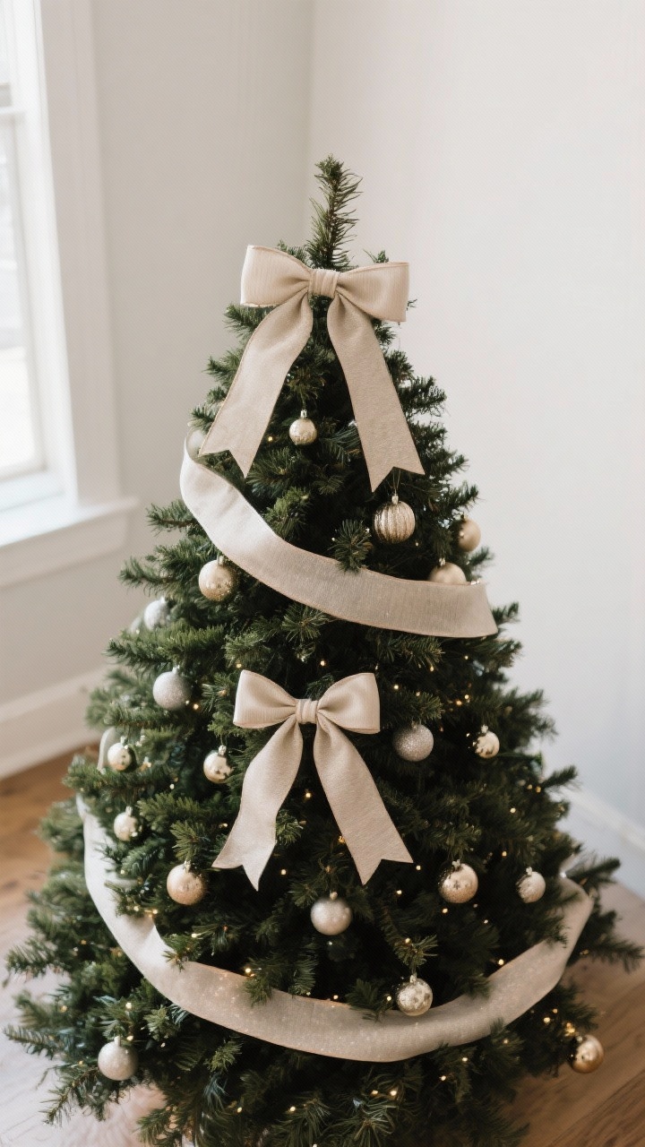 Medium shot, slight overhead angle: Ribbon and garland base layer on the tree before ornaments. Two ribbons are styled using tuck-and-tail: a wide