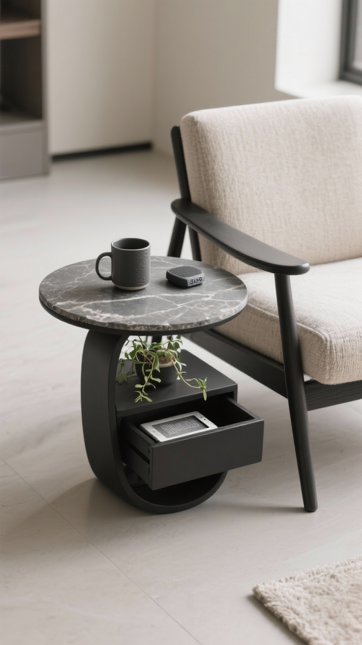 Medium shot, slightly overhead: A petite multitasking table beside a lounge chair—C-shaped matte black table sliding under the chair arm, top height even with the arm; styled with a mug, a slim Bluetooth speaker, a small trailing plant, and a drawer for stashing a Kindle; material contrast of stone top against soft textiles, clean modern lines, uncluttered floor space.
