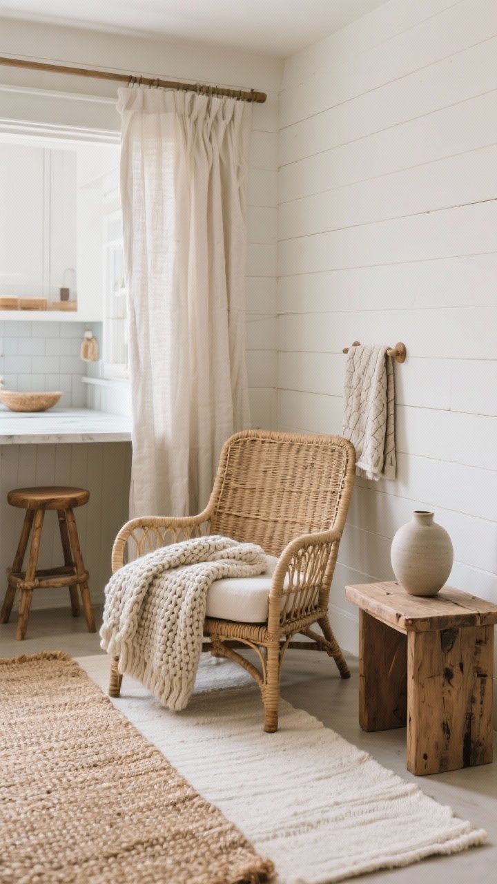 Medium shot straight-on: A cozy coastal nook emphasizing layered natural textures—rattan lounge chair, cane counter stool peeking from the kitchenette, linen curtains softly filtering light, flatweave jute rug underfoot, washable cotton runner nearby; chunky knit throw draped on the chair, waffle towel folded on a peg; a vertical shiplap feature wall in muted white adding quiet texture; raw wood side table with a simple ceramic vase; minimal color, maximum tactile warmth, photorealistic.