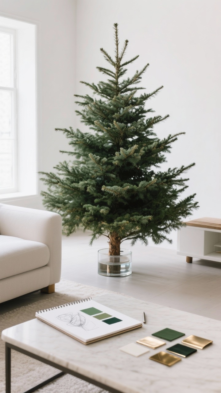Medium shot, straight-on: A freshly selected real Christmas tree (Fraser Fir or Noble Fir optioned) standing in a bright living room, branches relaxed after 12–24 hours, showing strong branch structure with spaces for depth. The tree is unlit and undecorated, trunk freshly cut and secured in a stand with water. Nearby on a coffee table lies a designer’s sketch pad showing a color palette plan: two main colors (deep forest green and soft ivory) plus a metallic accent (matte brass), with swatches of mixed metals laid out. Mood is editorial-modern; the tree shape is slightly imperfect yet balanced.