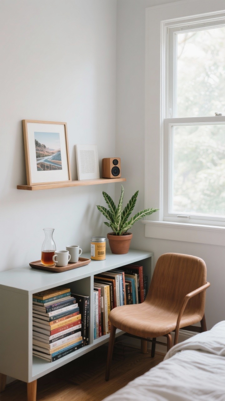 Medium shot, straight-on: A micro library and coffee station beside a bedroom chair—low-profile bookcase below window height with stacks of well-loved books, a framed travel memento, and a low-maintenance ZZ plant; a tray on top corraling a carafe, two mugs, and a tin of tea; a tiny speaker tucked on the shelf; natural daylight flooding through the window, practical and personal.