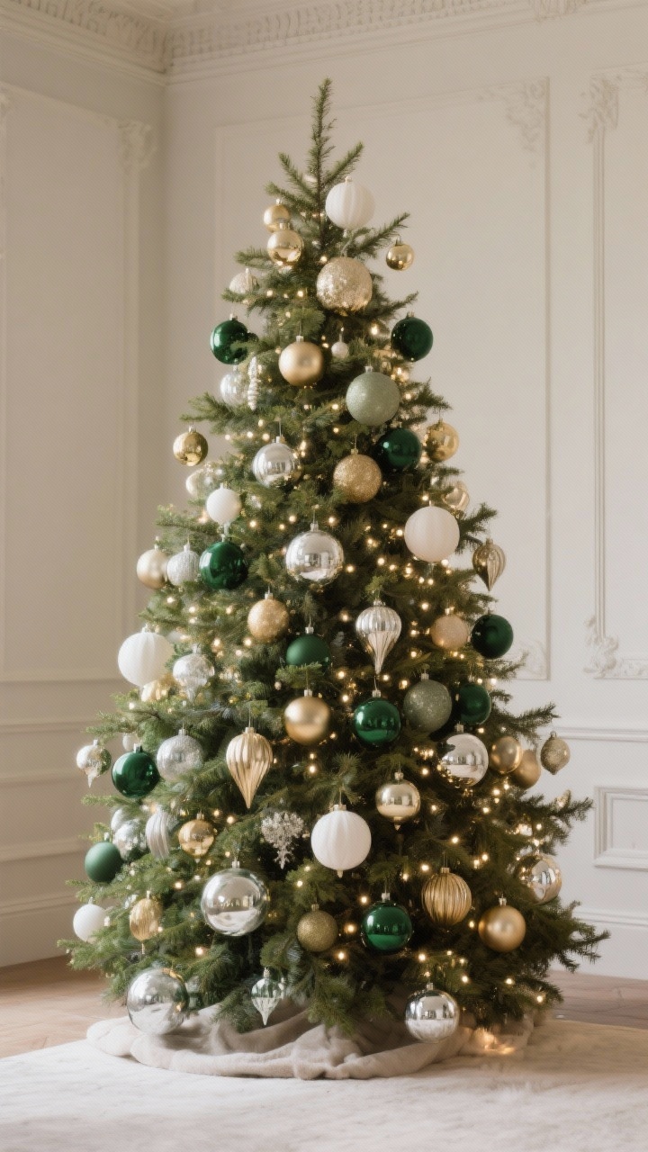 Medium shot, straight-on: A real Christmas tree styled with a cohesive heritage palette—choose one of the three color stories and commit. Option shown: Ivory, forest green, and brass ornaments with mixed finishes (matte, satin, and glass) for depth. Mercury glass accents provide intentional sparkle without chaos. The room stays neutral to let the palette dominate, with soft warm white lights. Ornaments are balanced throughout the tree, showcasing refined, nature-forward, “storybook manor” vibes. No extra colors intrude; the scene feels pulled-together and classic, photorealistic.