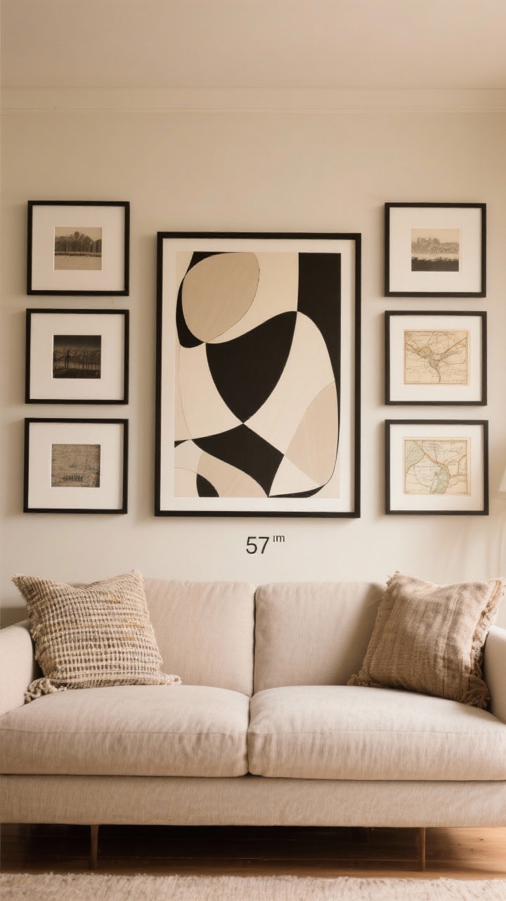 Medium shot straight-on: An art wall over a sofa featuring a large-scale downloadable abstract print in a thin black frame, a neat 3x3 gallery grid of matching frames with white mats, and a pair of textural pieces such as framed fabric and a vintage map; ensure the center of the main artwork is at approximately 57 inches from the floor, with warm neutral walls, clean sight lines, and scaling that feels generous rather than too small.
