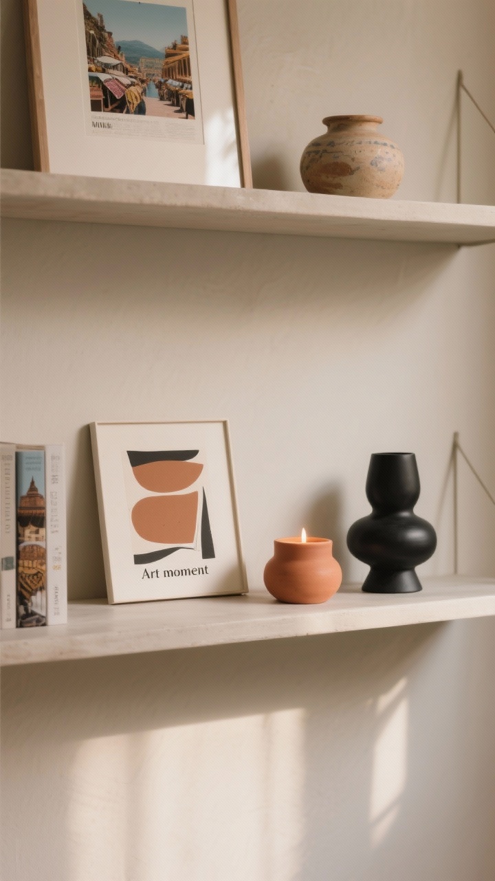 Medium shot, straight-on, of a single shelf as a micro vignette with a story: “Art moment” composition—one small leaning abstract print, a sculptural matte black object, and a candle in a complementary muted terracotta vessel; tight palette repeated across items; alternate version elements subtly included nearby: a framed travel postcard and a ceramic market find together with a slim travel book; clear hero piece (the art), two supporting objects; controlled negative space; balanced, warm natural light.