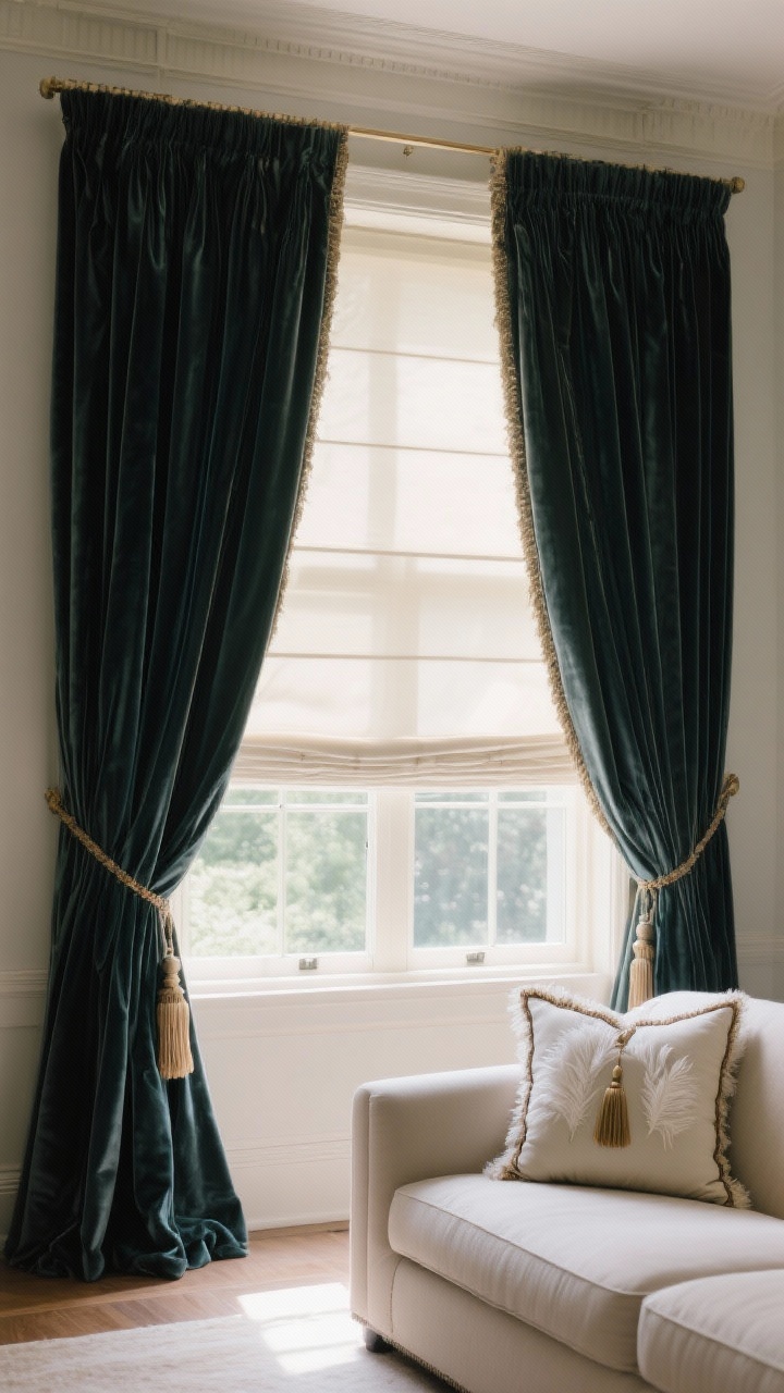 Medium shot, straight-on window wall: Full-length velvet drapery that kisses the floor, hung high and wide above the frame to elongate the window; lined panels for a substantial look, layered over tailored Roman shades; nearby sofa styled with feather-insert pillows featuring piping and tassel trim; gentle afternoon light filtering through for a stately effect.