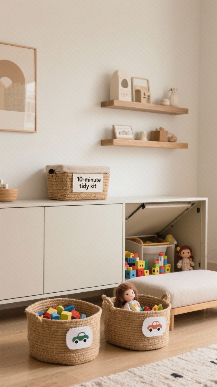 Medium shot: Stylish hidden storage ensemble along a living room wall. A closed credenza with clean lines conceals toys; two low natural-fiber and felt baskets on the floor labeled with simple icon tags (cars, blocks, dolls); an ottoman with a lift-off lid (open slightly to show toy storage); and floating shelves mounted high displaying decor out of reach. Include a lidded basket “10-minute tidy kit” on top of the credenza. Warm, family-friendly neutrals, straight-on view for clarity.