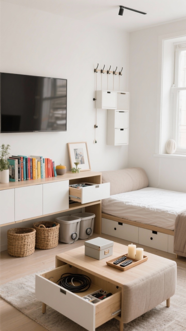 Medium shot — Stylish storage in a compact living area: a lift-top coffee table open to reveal hidden compartments, a storage ottoman, and a platform bed with drawers at the edge of the scene; a media unit with closed cabinets on the bottom and open shelves on top displaying curated decor and color-sorted books; slim rolling bins partially visible under the bed; baskets for cables, lidded boxes for bits, and a tray corralling remotes and candles; wall hooks and a peg rail using vertical space like functional art; storage pieces painted to match warm white walls for a seamless look; clean, natural lighting; photorealistic, no people.