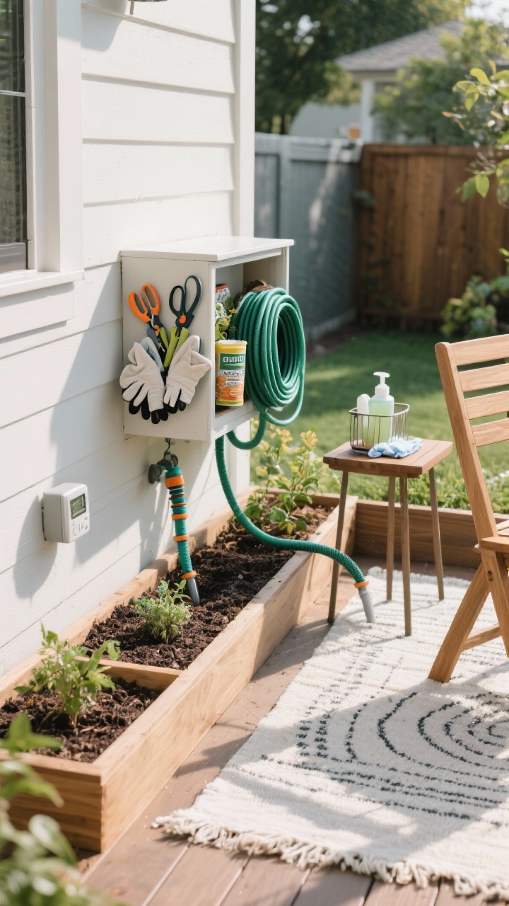 Medium shot, tidy utility-with-style vibe: A well-kept backyard vignette focused on easy maintenance. A narrow deck box tucked against a wall with gloves, snips, and plant food partially visible inside; nearby, a coiled soaker hose connected to a simple timer for drip irrigation. Beds are freshly mulched, planters show subtle quarter-turn markings for even sun, and a clean outdoor rug is shaken out and crisp. A small caddy with mild soap and cloth sits on a side table hinting at spot-cleaning; a sealed wood chair looks freshly treated. No people, photorealistic.