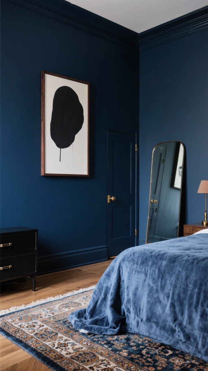 Medium, straight-on gallery wall and floor vignette that steers the vibe: deep navy drenched walls; one oversized artwork with ample negative space and a float frame in dark wood; a plush rug in a neighboring smoky blue tone peeks from under the bed; vintage Persian runner layered at the side for richness; hardware swaps visible—brass or blackened bronze drawer pulls and door handle; a large mirror leaning to bounce light without breaking mood; keep patterns large-scale, uncluttered; photorealistic.