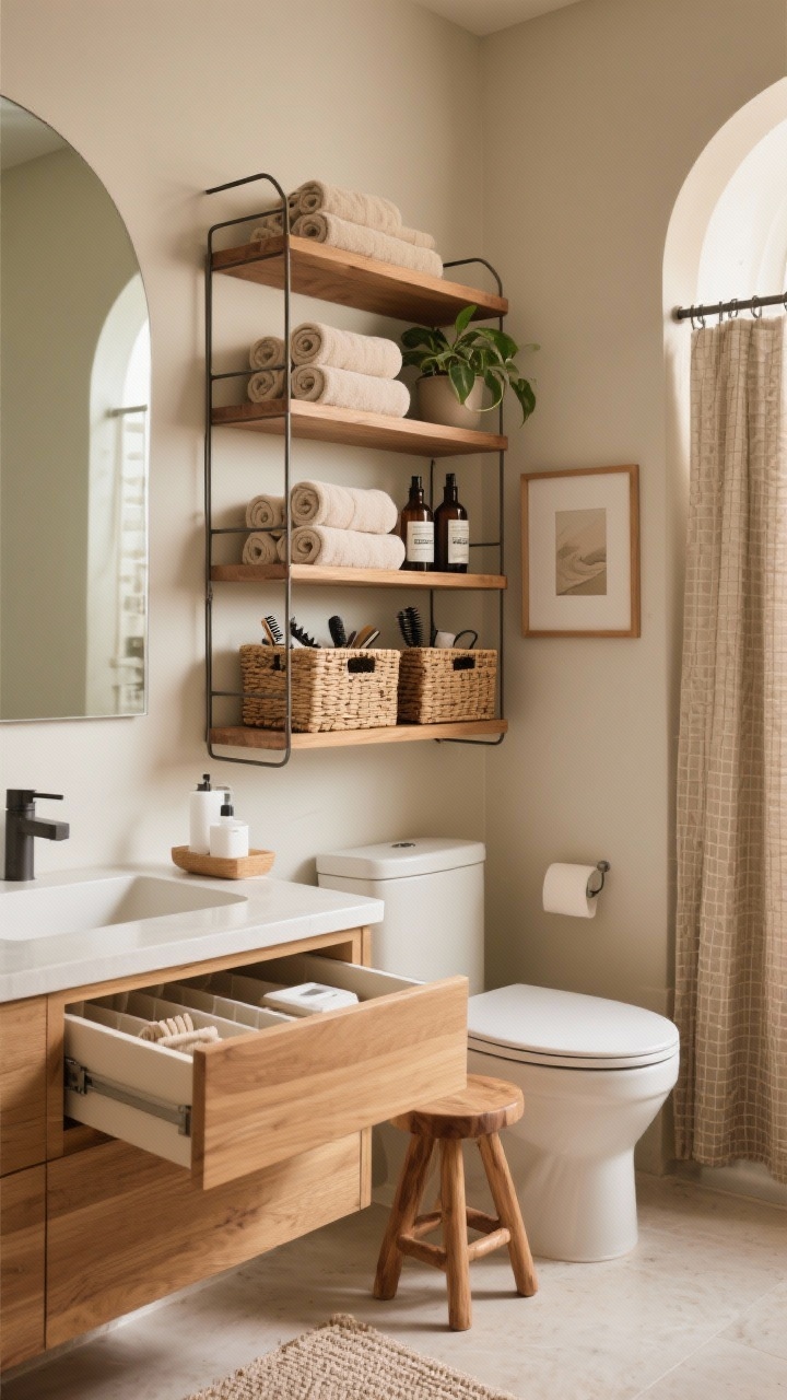 Medium straight-on shot of styled bathroom storage like a pro: open shelves mixing rolled neutral towels, a small plant, and a couple of curated bottles; an over-the-toilet shelf unit in warm wood or matte metal with airy lines; matching woven baskets concealing hair tools, TP, and supplies; a drawer slightly open revealing tidy dividers; bonus spa textures: a teak bath stool, a textured waffle shower curtain, and a simple framed print or softly arched mirror; balanced, organized composition under warm, even lighting; no people, photorealistic.