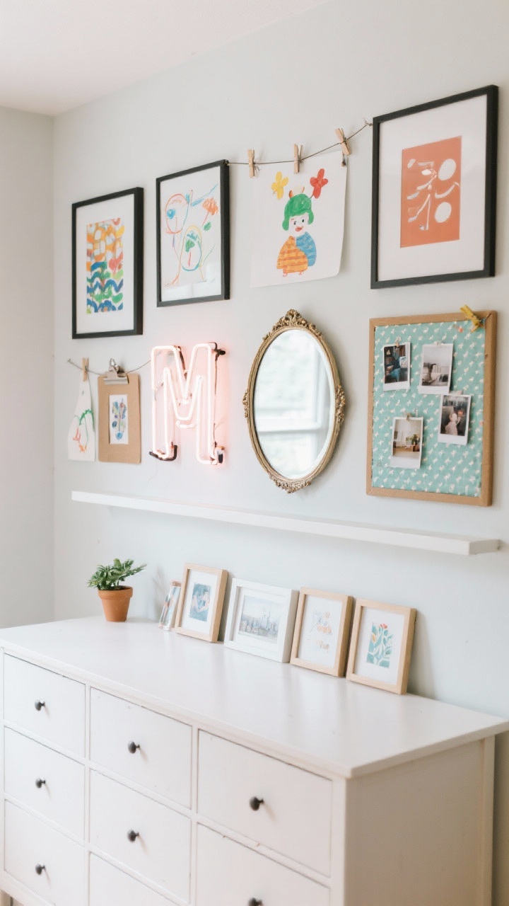 Medium straight-on shot: “Personality Walls: Art, Photos, and DIY Moments.” A curated gallery wall above a dresser featuring a mix of framed prints, kid-made art in clip frames, photos held by binder clips on a thin wire, and a vintage oval mirror for sparkle. Include a small neon sign or marquee letter as a focal point. Add a picture ledge below with staggered frames, a mini plant, and a fabric-covered pinboard panel (cute patterned fabric stretched over foam board in a simple frame). Bright, even natural light with gentle shadows.