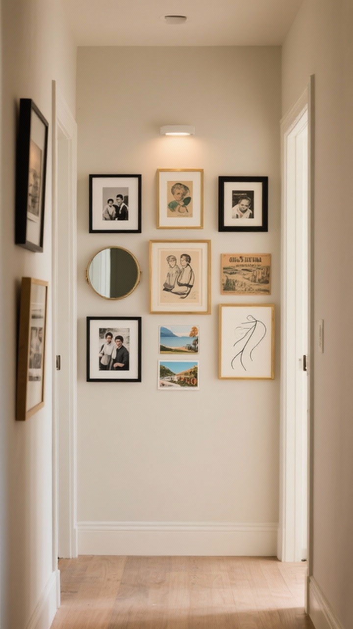 Medium, straight-on view of a curated gallery wall in an entry hallway: mix of media including family photos, a vintage art print, travel postcards, and a minimalist line drawing; cohesive frames in black, white, and brass tones; arrangement anchored by one larger central piece, balanced with smaller frames around it; one unexpected element—a small round mirror—breaking the grid; neutral wall color, warm ambient light, no people.