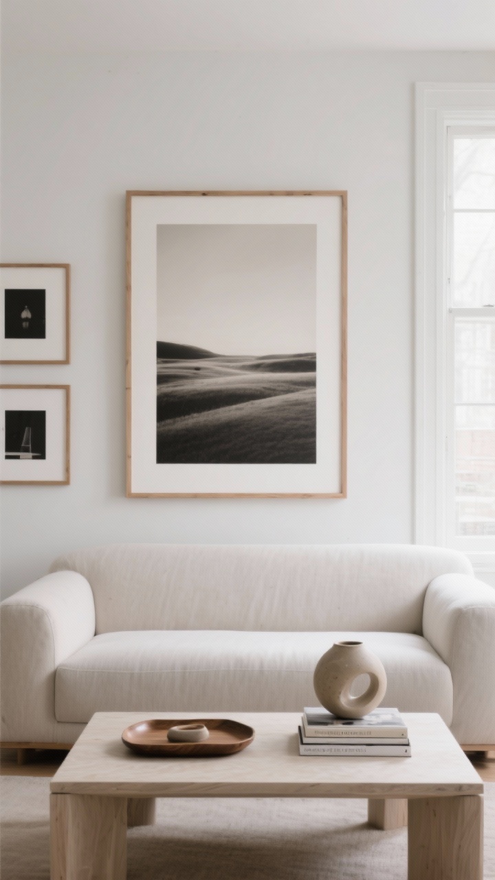 Medium straight-on view of curated art and restrained styling: a single oversized canvas or framed photograph in a simple natural-wood frame centered above a minimalist sofa. Coffee table styled lightly with one tray, one sculptural ceramic object, and a slim stack of books. Additional frames, if any, in white/black/natural wood for cohesion. Neutral palette, generous negative space around the art, and soft window light creating a gallery-like calm.