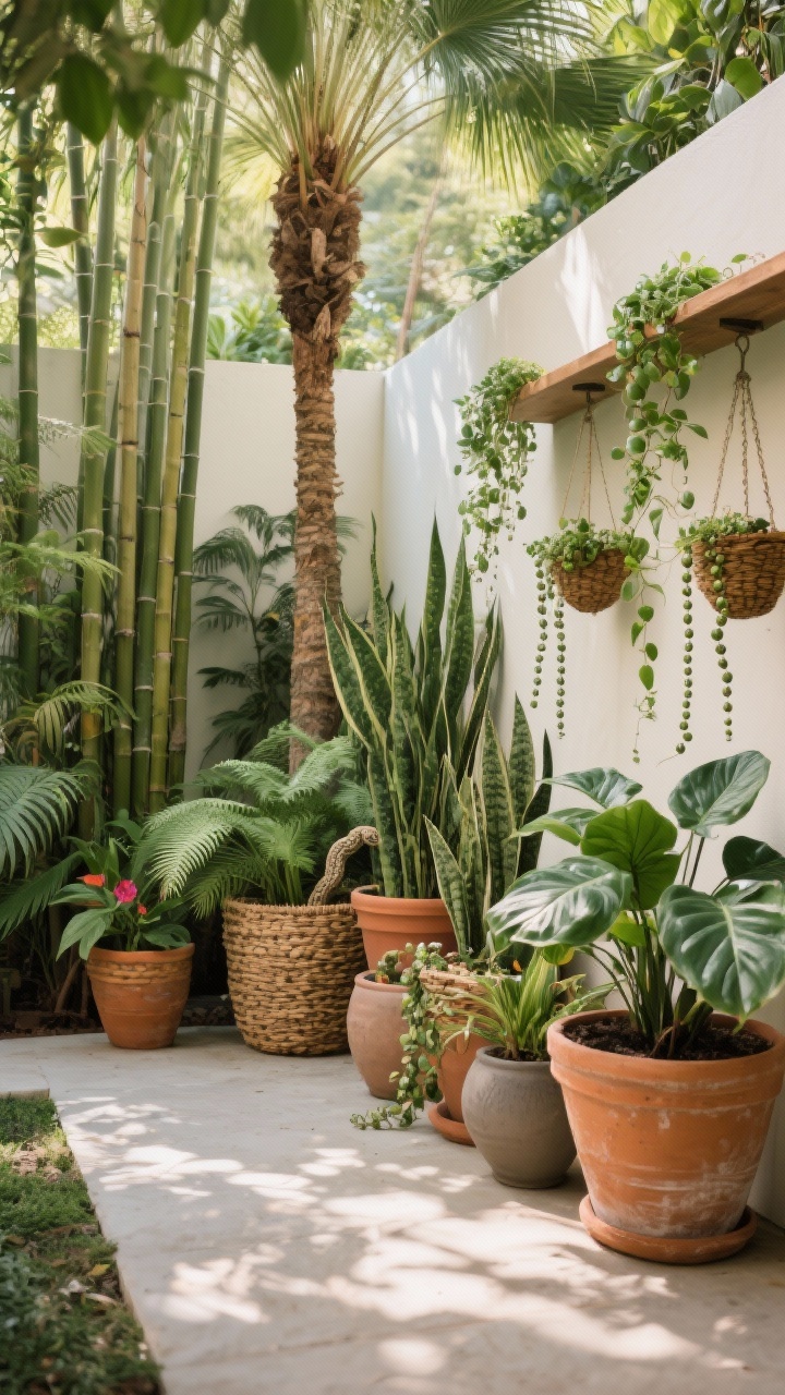Medium-to-wide plant-focused backyard vignette forming a lush, low-maintenance jungle: tall anchors like bamboo, a potted olive tree, and a palm framing the space for privacy; mid-level ferns, snake plants in a shaded corner, and philodendron in large pots; trailing string of pearls, ivy, and creeping jenny spilling from hanging baskets and shelf edges. Containers in terracotta, woven baskets with liners, and matte ceramic, with an earthy palette and small pops of color. Grouped in odd numbers for a curated feel. Soft dappled daylight, straight-on view, photorealistic, no people.