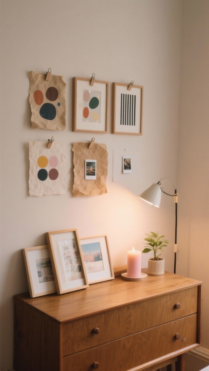 Medium-to-wide vignette: A micro gallery wall above a dresser—5–7 small mixed frames with postcards, DIY abstract blobs and stripe prints on scrap paper, and a couple of Polaroids. Clip-on lights cast a cozy “mini museum” glow on the art. On the dresser, a shelf-like riser holds leaning frames, a pastel candle, and a tiny plant. One adjacent wall is intentionally left partly blank as breathing space. Warm, intimate lighting; straight-on view.