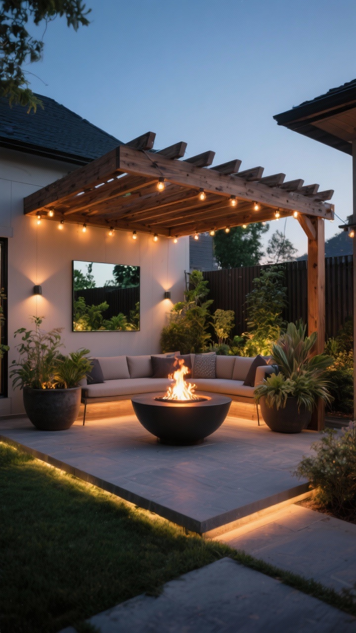 Medium-wide dusk shot: a dramatic statement moment—sleek smokeless fire bowl centered under a simple cedar pergola, anchored by seating, warm string lights, and layered plants in large planters; optional wall-mounted mirror panel on a nearby fence reflecting greenery; moody, luxurious ambiance with warm glow highlighting the focal point; corner angle, photorealistic, no people.