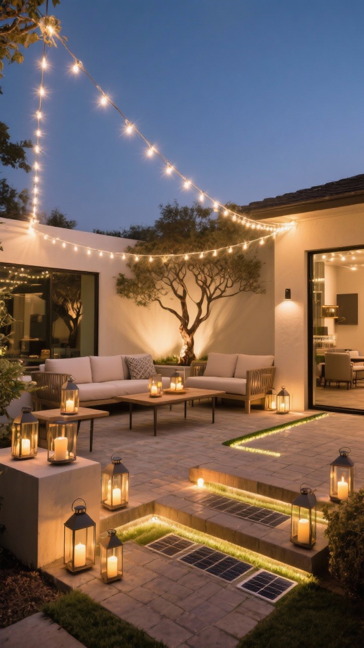 Medium-wide evening shot: an intimate patio with layered lighting—warm white string lights zig-zag overhead framing the seating area, solar path lights softly lining pavers, clusters of lanterns with LED candles on steps and side tables, and discreet solar uplights aimed at a sculptural tree; consistent warm color temperature (2700–3000K) for cohesive glow; corner angle, photorealistic, no people.