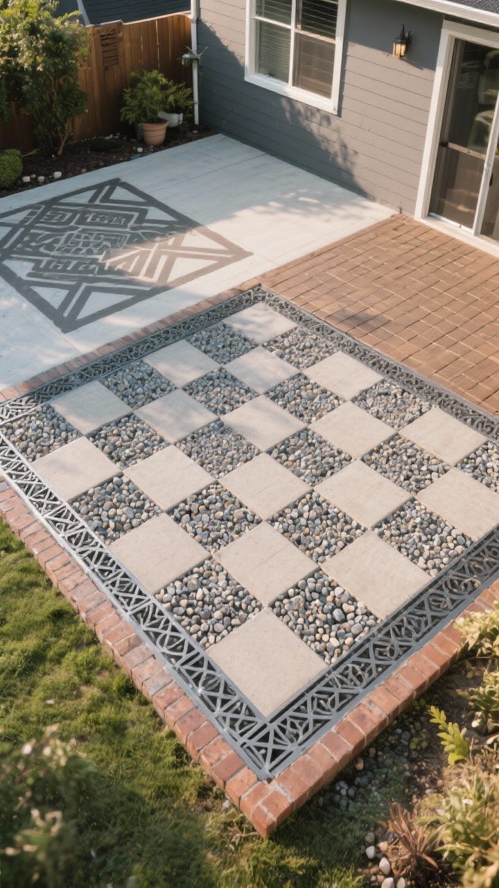 Medium-wide overhead angle of budget-friendly backyard “flooring” solutions: a tidy checkerboard of budget paver pads dropped into pea gravel over landscape fabric, bordered cleanly with metal or brick edging for a finished look. Adjacent area shows interlocking deck tiles snapped together with a crisp alignment, and a small section of stenciled concrete in a geometric pattern using warm gray and charcoal exterior paint, sealed to a subtle satin sheen. Ground looks level, clean, and intentional. No furniture focus, just surfaces. Soft morning light, photorealistic detail on gravel texture and stencil edges.