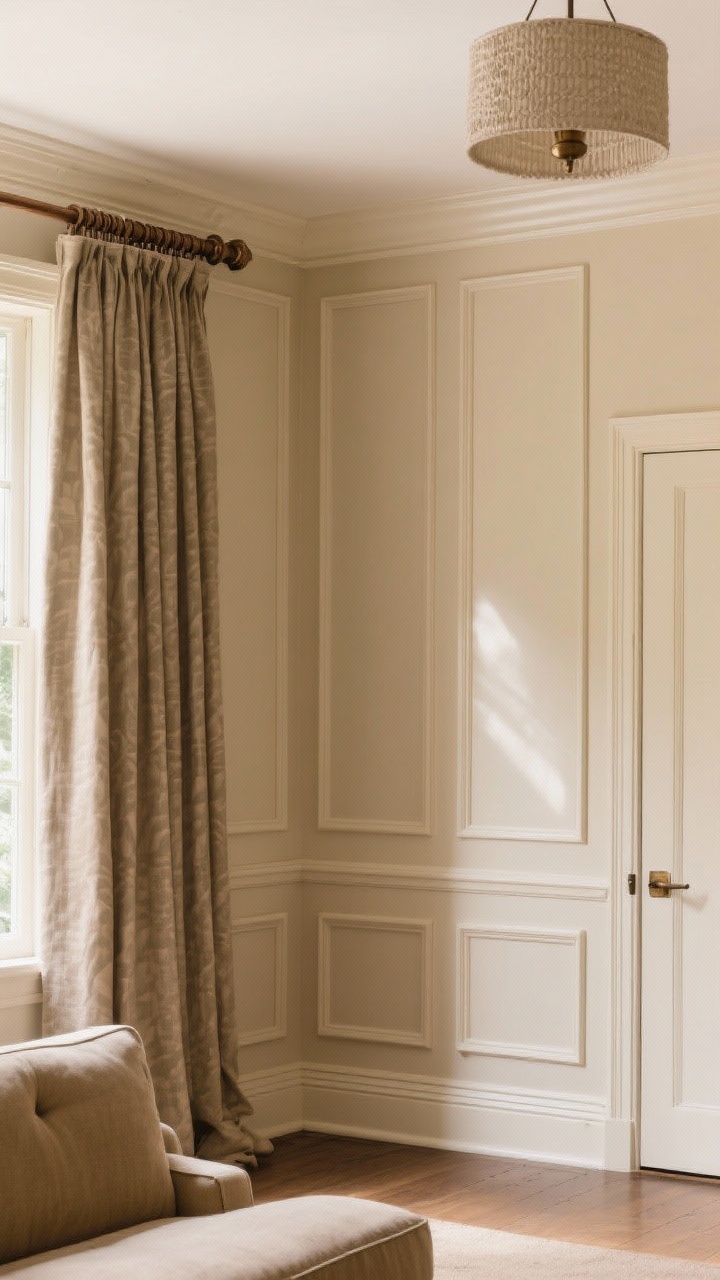Medium-wide shot: Architectural upgrades without renovation—a living room wall featuring panel molding in rectangular frames painted the same warm neutral as the wall, oversized baseboards, and statement curtains hung high and wide to lift the ceiling line. Upgraded cohesive hardware in antique bronze on curtain rod and door handle. A subtle ceiling color two shades lighter than walls and a textured pendant add a custom feel. Slight upward angle to emphasize height and proportion; daylight with soft shadows.
