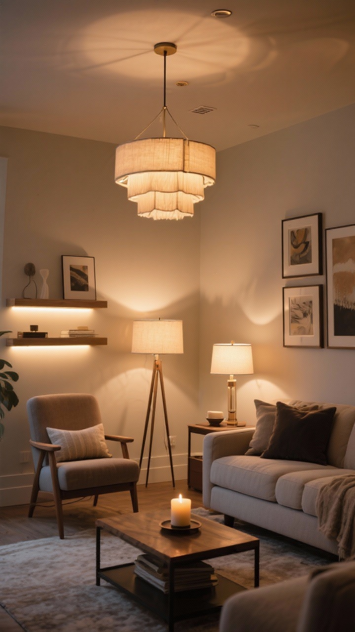 Medium-wide shot focused on lighting layers: A living room with the three-layer lighting rule—an overhead statement pendant on a dimmer casting a warm 2700–3000K glow, a floor lamp by a reading chair and matching table lamps flanking the sofa for task light, plus accent picture lights above framed art and subtle LED strips on shelves. Include a candle on the coffee table for mood. Photorealistic, cozy atmosphere.