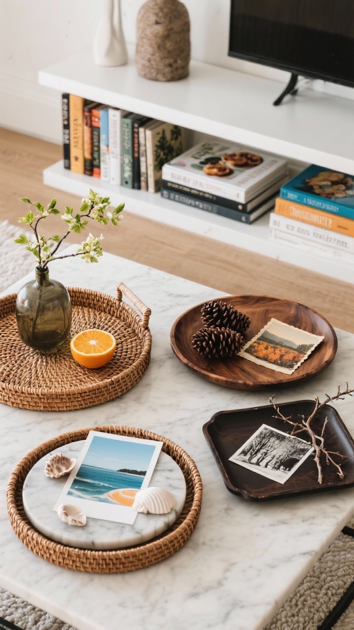 Overhead detail: A styled coffee table and shelf edit showing seasonal surface swaps. On the tray: rattan tray with a bud vase and citrus for spring, marble tray with shells and an abstract seascape postcard for summer, wood tray with pinecones and a vintage landscape postcard for fall, and a darker tray with a black-and-white photo and dried branches for winter. Nearby stacks of books rotate between gardening/travel (warm months) and cookbooks/design tomes (cold months). Photorealistic, crisp top-down lighting.