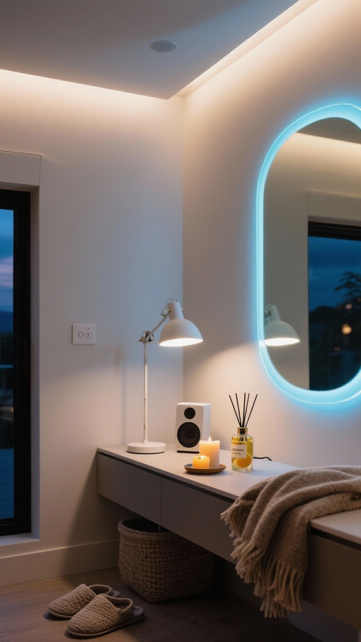 Overhead detail: Layered lighting and sensory styling on a console and wall—ambient ceiling glow reflected softly, a task lamp casting a warm white pool of light, and subtle RGB LED backlighting tracing a mirror’s edge for a gentle halo. Include a small speaker, a lit candle labeled sandalwood, a citrus diffuser bottle, neatly folded cozy throws and textured slippers nearby. Mood: soothing yet uplifting; evening scene with dimmers enabling soft gradients.