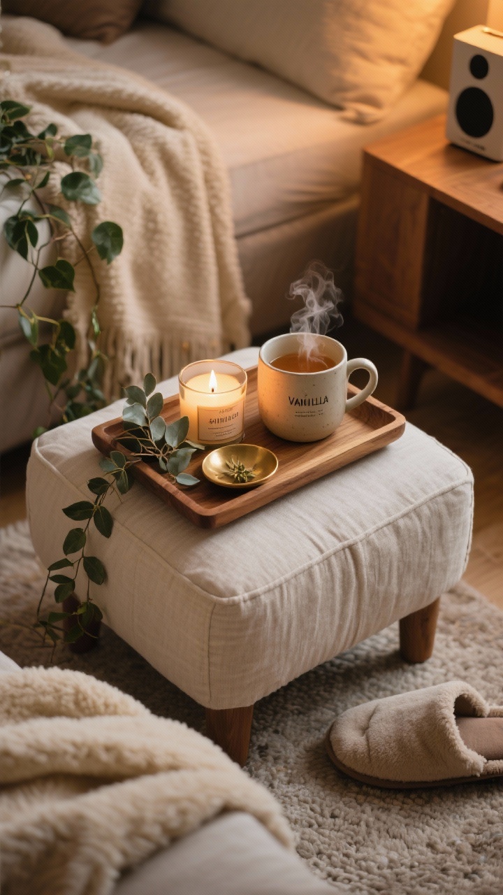 Overhead detail of nurturing rituals on a tray: a linen-covered ottoman with a wooden tea tray holding a lit candle (vanilla and amber label), a ceramic mug releasing steam, a small brass dish, and a sprig of eucalyptus; nearby plush throw in cream folded within frame, slippers partially visible at edge; trailing ivy leaf tips peeking in; a compact speaker off to the side; warm, cozy lighting suggesting evening wind-down; photorealistic.