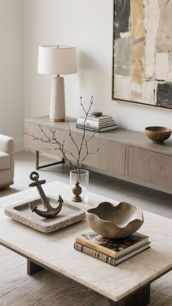 Overhead detail shot: A coffee table styled with intent—one large anchor tray in stone, a sculptural bowl, two elegant hardcover art books with interesting spines, a small vintage objet, and low branches in a glass cylinder. The console behind features a tall lamp paired with a large art piece, a stack of books, and a low bowl, leaving one-third of the surface empty. Varied heights, textures, and shapes; clean negative space. Soft natural light, photorealistic.