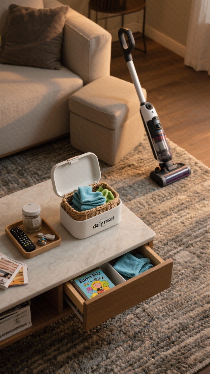 Overhead detail shot: A “daily reset” cleanup system in action on a coffee table and adjacent rug. A lidded ottoman open for a quick “Basket Blitz,” a cordless stick vacuum leaning nearby for a fast rug pass on a low-pile rug, and a drawer slightly open revealing microfiber cloths for smudge wipes. A compact mini command center tray holding remotes, a small lidded jar for tiny parts, and a slim magazine file with coloring books. Calm, organized mood, warm evening lighting.