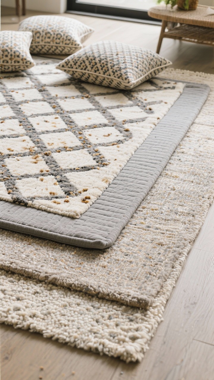 Overhead detail shot: A layered rug setup with a cushy rug pad underneath and a low-pile washable rug on top. The top rug features a big geometric pattern that disguises stains, while tiny patterned floor cushions nearby hint at crumb-hiding detail. Materials called out: indoor/outdoor polypropylene runner at the edge and a wool flatweave panel layered beside it. Crumb-free, no shag, clean lines, soft natural light grazing the textures.