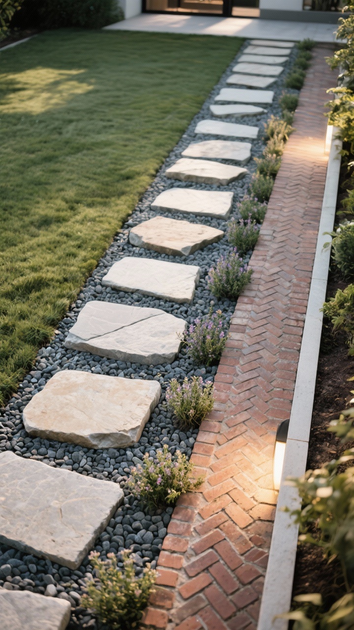 Overhead detail shot: A statement path acting as the backyard “runway.” Stepping stones set in gravel forming a modern line, transitioning into a segment of flagstone with creeping thyme between gaps, and a short stretch of brick laid in a herringbone pattern. Path width at least 30 inches, clean edges, and tidy joints. Soft side lighting to accent textures of stone, gravel, and foliage; photorealistic.