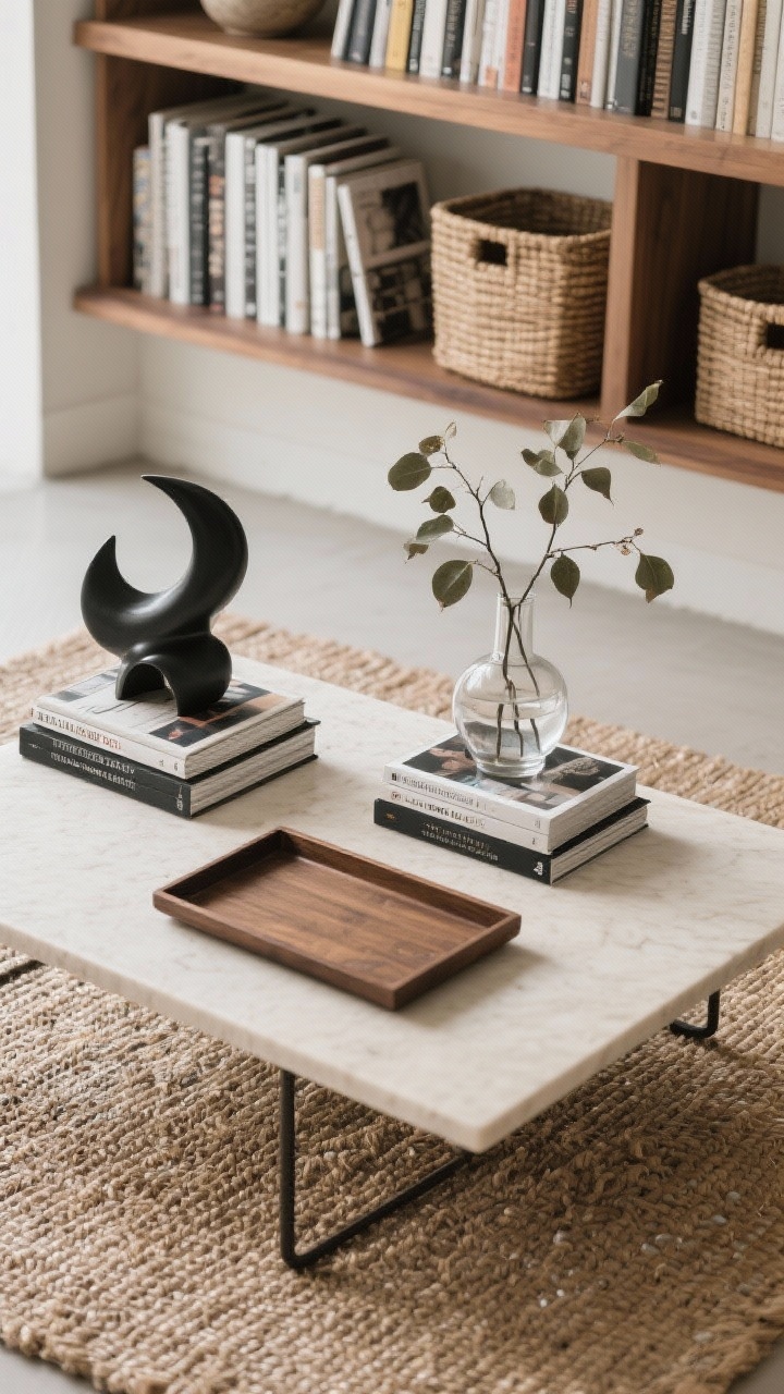 Overhead detail shot: A styled coffee table on a jute rug with a rectangular tray as the base, a stack of art and design books, a sculptural object in matte black metal, and an organic element like a clear glass vase with leafy branches; leave purposeful negative space on the table surface, and in the background show a portion of a bookshelf with vertical books, horizontal stacks, a couple of closed baskets for hidden storage, and repeated materials like wood, ceramic, and metal for cohesive rhythm.