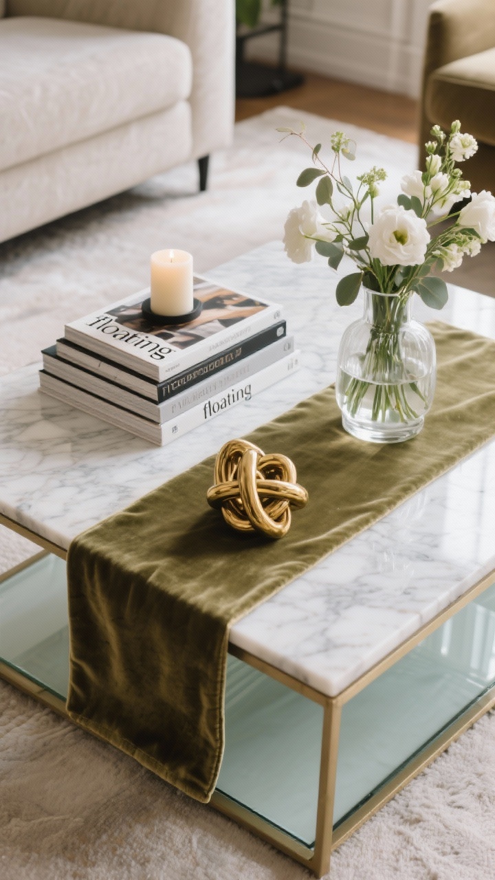 Overhead detail shot: A styled marble coffee table with a rectangular velvet runner anchoring a layout—one sculptural object (gold knot), a neat stack of large art and fashion books with a small minimalist candle on top, and a clear glass vase holding fresh white florals with leafy stems for movement. If the table is glass, show the runner preventing a “floating” look. Soft morning light, crisp edges, curated not cluttered, photorealistic.