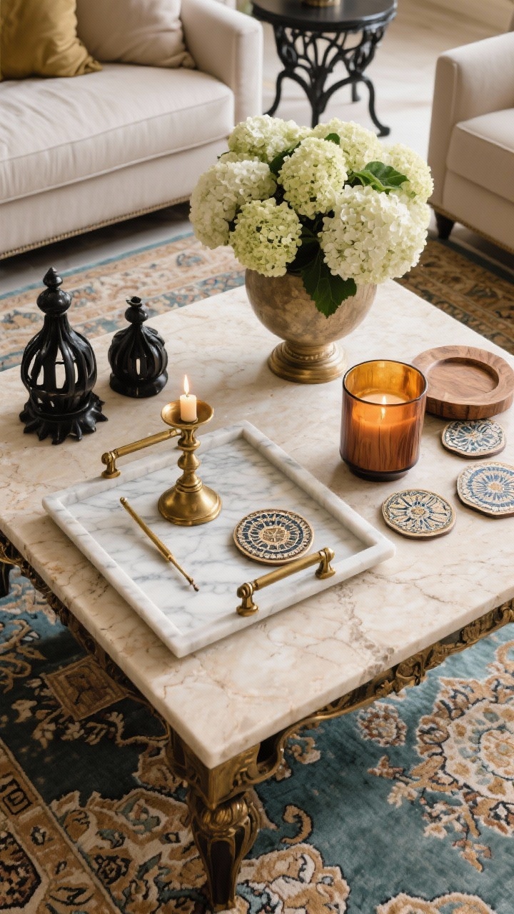 Overhead detail shot: A travertine coffee table styled with a marble tray corralling a brass wick trimmer, chic coasters, and a woody-amber candle; aged brass hardware and blackened steel accents visible on nearby accessories; a large, soft Persian-inspired rug extending under all seating; fresh hydrangeas in a substantial vase add a final luxe, palace-level touch.