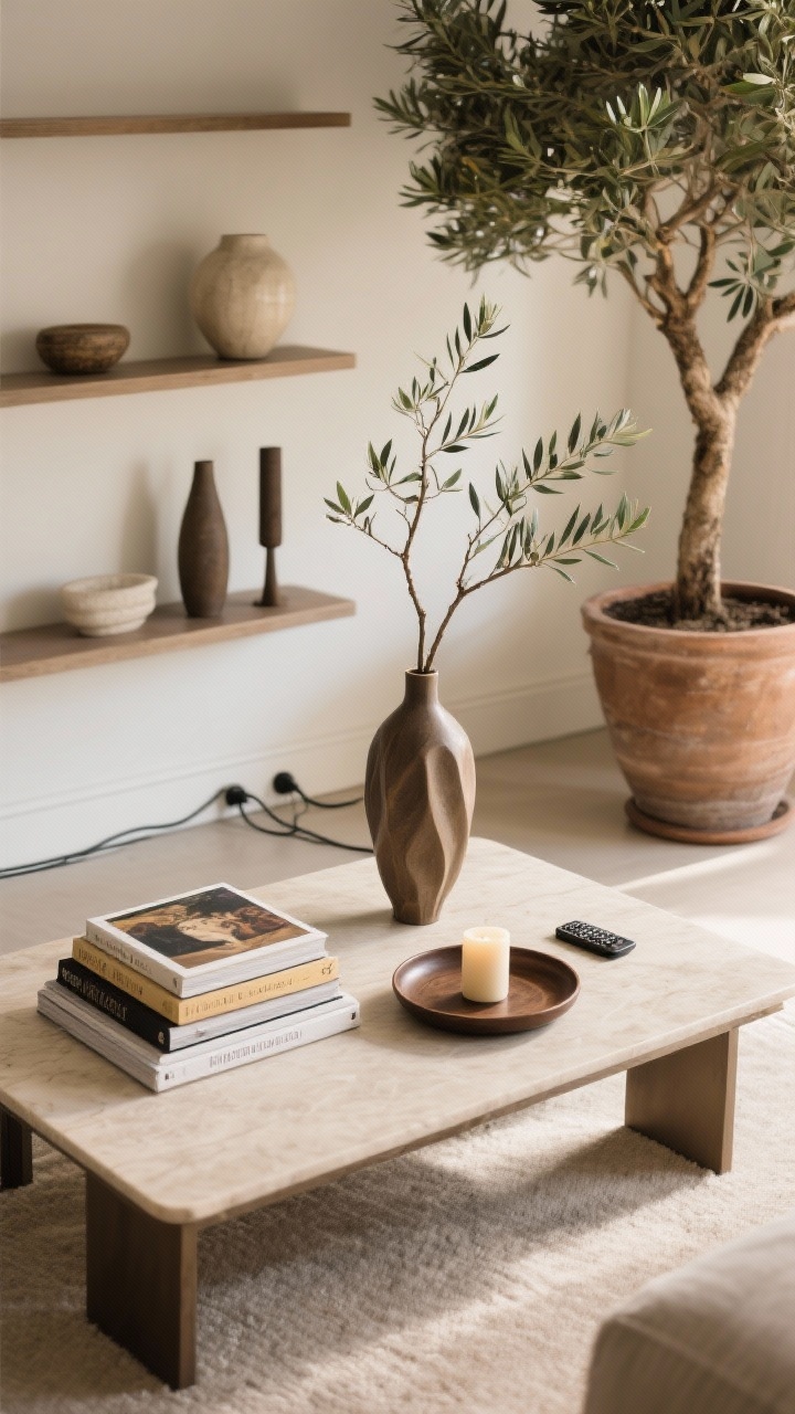 Overhead detail shot: Coffee table styling that follows the low-medium-high rule—a stack of art books (low), a round tray with a candle and remote neatly corralled (medium), and a tall branch arrangement in a sculptural vase (high). Nearby shelf shows objects grouped in threes with varied heights and negative space left intentionally empty. In the background, a large potted olive tree adds scale and greenery. Warm, natural light, tidy cord control visible along the baseboard for polish, and a sense of calm restraint.