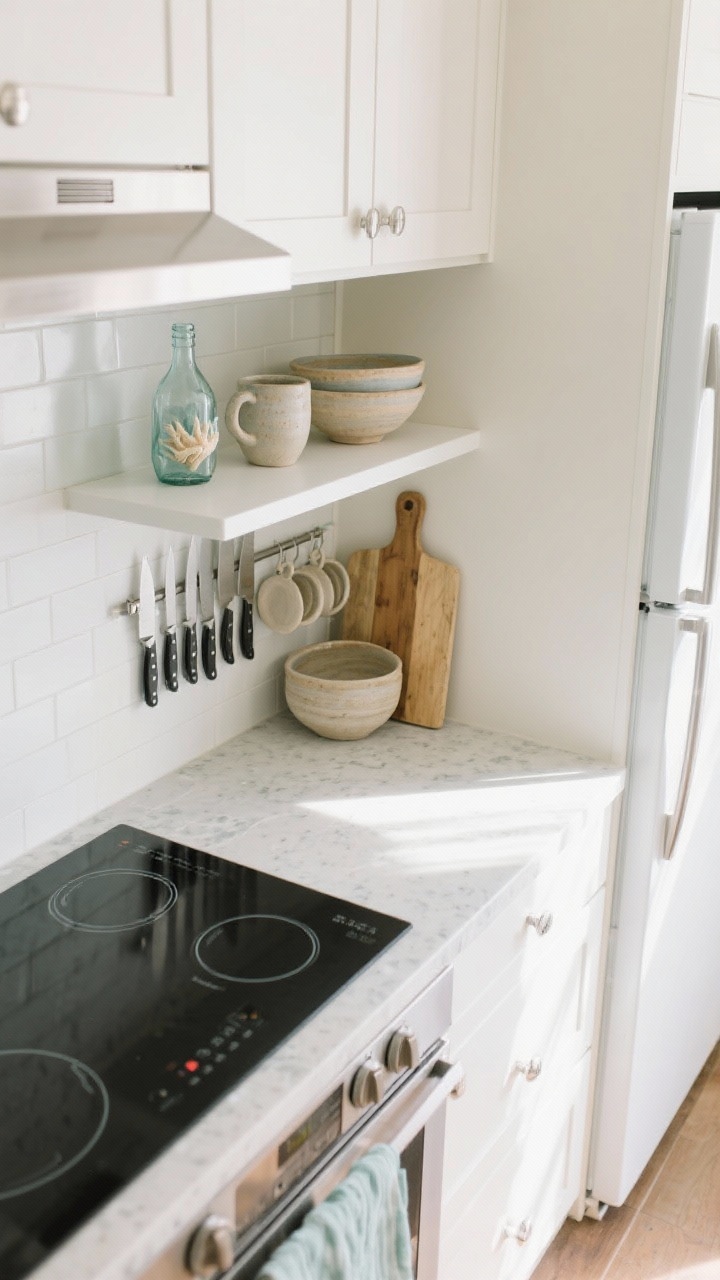 Overhead detail shot: Compact coastal kitchen work zone—two-burner induction cooktop with a fitted cover doubling as prep space, light quartz countertop, magnetic knife strip neatly arranged, under-cabinet rails holding a few stoneware mugs and utensils; open shelf styled with edited pieces (sea-glass bottle, two stoneware bowls, a wooden board) while adjacent closed cabinets hide clutter; counter-depth fridge panel in soft white; bright, beachy lighting, photorealistic.