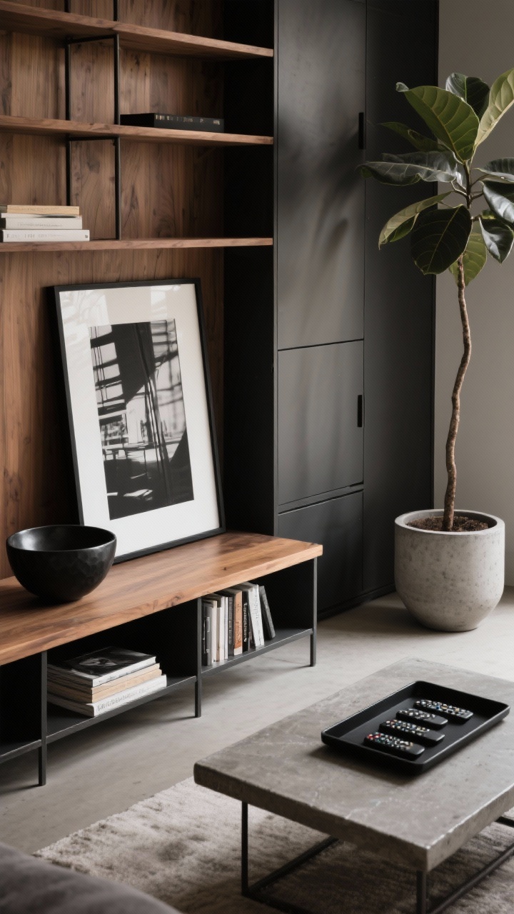 Overhead detail shot: Finishing touches on a wood-and-metal open shelf and nearby console—oversized black-and-white photo in a simple black frame leaning casually, sculptural concrete and blackened metal bowls, neatly styled books; adjacent closed cabinet with minimal fronts, a matte black tray corralling remotes on a concrete-topped coffee table, and a rubber tree in a concrete pot; moody, warm ambient light, crisp textures, no clutter.