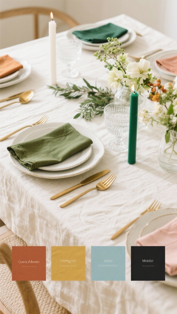 Overhead detail shot highlighting color play via easy-to-swap layers: an everyday palette of beige/cream linens with a single accent in sage (napkins) over simple white/stoneware dinnerware; alongside, small styled swatches of four occasion palettes—Cozy Fall (rust, mustard, olive with brass flatware); Holiday Glow (deep green, ivory, gold with clear glass and greenery sprigs); Spring Fresh (blush, soft blue, natural wood, clear glass); Modern Minimal (black, white, and a bold emerald candle); repeat each accent color three times (napkin, candle, florals) for cohesion; bright diffused daylight, photorealistic.