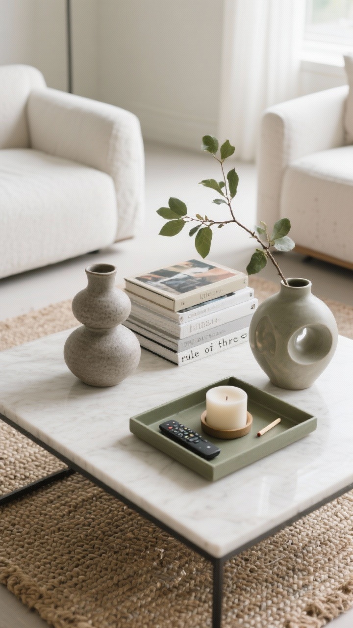 Overhead detail shot — Intentional styling of a coffee table vignette: the “rule of three” in play with varied heights and textures—stacked art books, a small leafy branch in a ceramic vase (organic element), a sculptural object; a tray diplomatically corralling a candle, remote, and match striker; palette aligned with the room—warm whites, soft grays, olive accents; set atop a jute rug for tactile contrast; surfaces edited to breathe with one item recently removed for simplicity; soft, indirect daylight; photorealistic, no people.