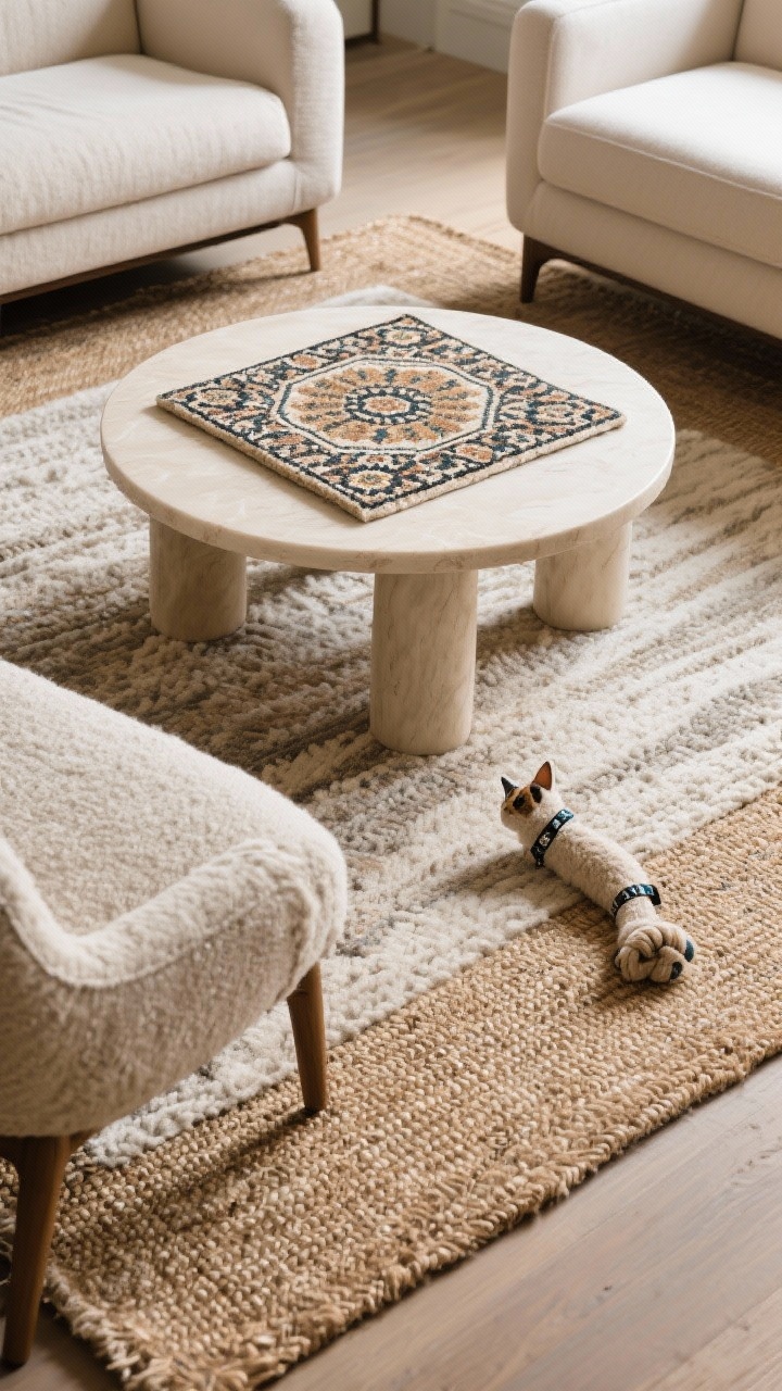 Overhead detail shot: Layered rugs composition—large neutral low-pile base (jute or sisal-look wool blend) with a smaller Moroccan-inspired patterned rug centered under the round coffee table; front legs of sofa and chairs resting on the larger rug for scale check; wool or wool blend textures clearly visible; a cat toy or pet collar subtly nearby to suggest pet-approved comfort; soft ambient lighting; photorealistic, no people.
