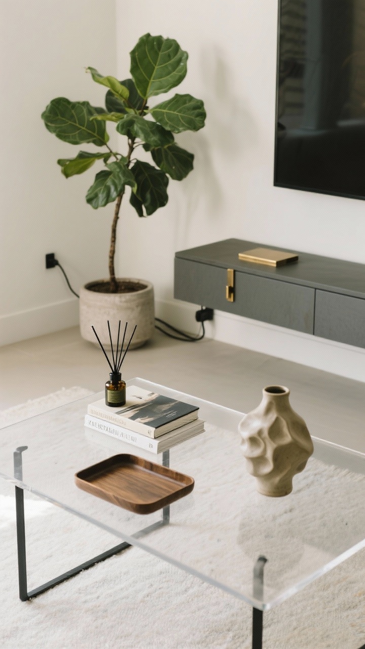 Overhead detail shot of a freshly edited coffee table and greenery: clear surface with only 2–3 items—one tray, a slim book stack, and a single sculptural ceramic vase. Nearby, a single statement plant like a fiddle leaf fig or olive tree in a simple pot; visible cable control on the back edge of a console (subtle adhesive clips). Consistent hardware in black or brushed brass, and a minimal reed diffuser suggesting cedar/bergamot. Calm, clutter-free composition with natural light.