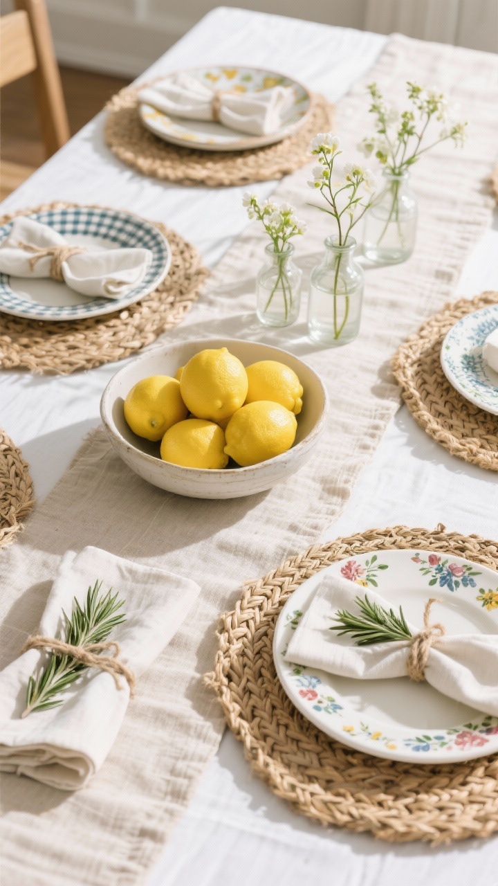 Overhead detail shot of an inviting spring table: linen runner in oat with woven seagrass placemats, white dinner plates topped with patterned salad plates (gingham and floral mix), cloth napkins tied with twine and a sprig of rosemary, and a low centerpiece—a shallow bowl filled with lemons alongside a cluster of small bud vases each with a single stem; natural midday light, casual layered styling.