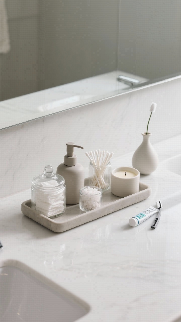 Overhead detail shot of an organized bathroom countertop curated like a boutique: a small matte ceramic or glass soap and lotion dispenser set, a low tray holding lidded glass canisters with cotton pads, q-tips, and bath salts, a single minimalist candle, and a tiny vase with one stem; toothpaste and razors absent from sight; clean white or soft gray counter surface with subtle reflections; natural, calm lighting and negative space for visual calm; no people, photorealistic.