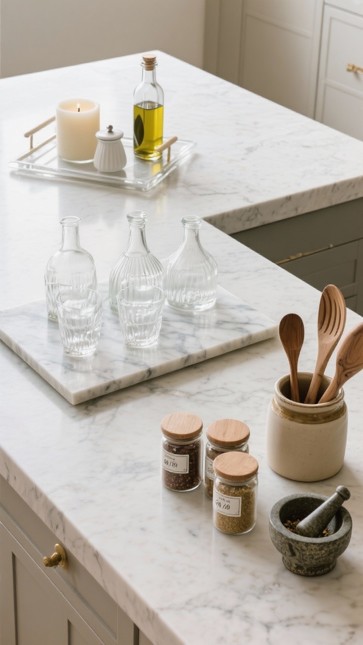 Overhead detail shot of countertop styling that balances function and beauty: one vignette with a minimalist tray holding a candle, salt cellar, and olive oil bottle on a clear expanse; a second vignette with a marble board, pretty glass decanters, and matching glasses ready to serve; a third with a ceramic crock of wood utensils, uniform-labeled spice jars, and a vintage mortar and pestle; 80/20 clear-to-styled ratio visible; soft daylight grazing stone texture.