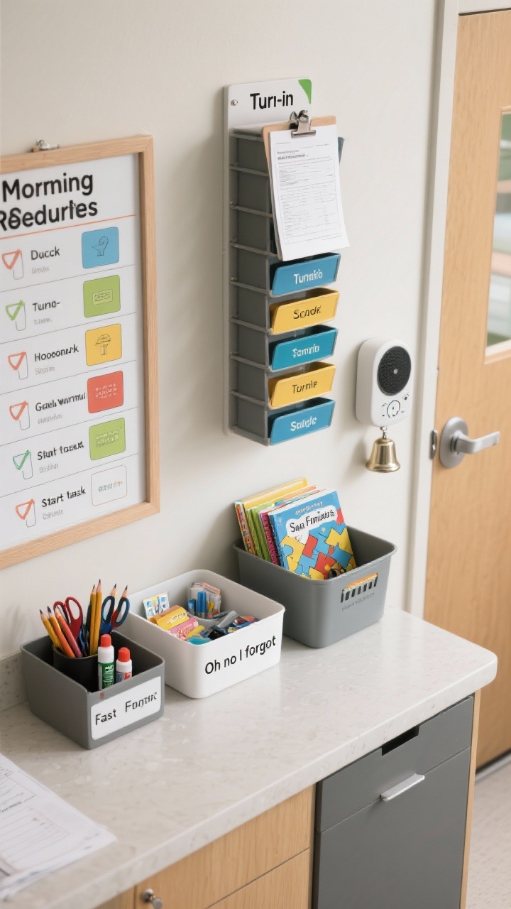 Overhead detail shot of daily systems arranged on a counter and wall near the door: a Morning Routine Board with a visual checklist (unpack, turn in homework, grab warm-up, start task); a Turn-In Tower with trays labeled by subject and a clipped sample page on the front; two Supply Stations—one with communal tools (sharpened pencils, scissors, glue) and one labeled for “Oh no I forgot” items; and a clearly labeled bin for Fast Finishers with task cards and puzzle books. Include a visual timer and a small speaker or chime device for signals in frame. Clean, functional, photorealistic.