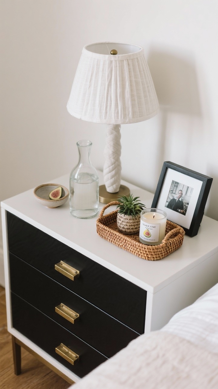 Overhead detail shot of edited, refreshed surfaces: a nightstand curated with a linen-textured white lampshade, a small ceramic dish, a sleek glass water carafe, and one decorative object; a dresser styled with a woven tray holding a candle, a small plant, and a framed photo; updated hardware on drawers in matte black and brass mix; a linen or pleated shade texture visible; hint of citrus/fig candle label for spring scent; clean and uncluttered; photorealistic.